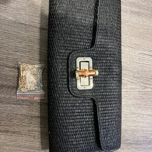 New! BC Handbags Black Straw Clutch w/Bamboo Toggle